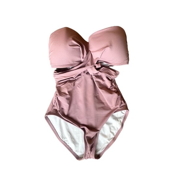 Loft One Piece Bathing Suit XS Beach Strapless Cutout Tie Tummy Control Pink - Picture 2 of 5